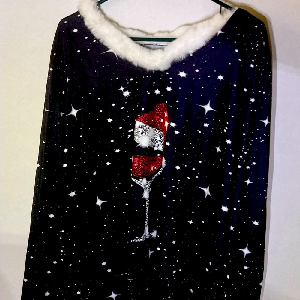 Festive Black blouse with Wine Glass Design